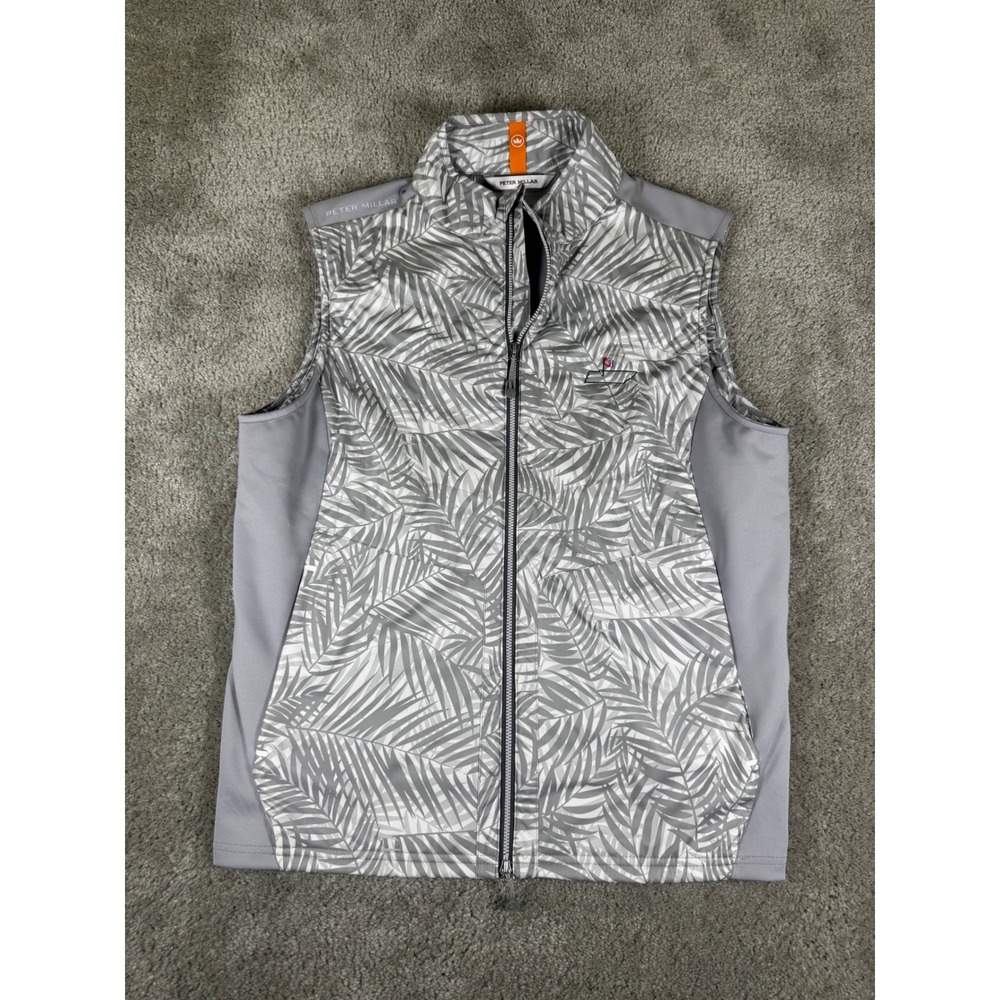 Peter Millar Fuse Elite Golf Vest Mens Medium Grey Palm Leaf Print Full Zip